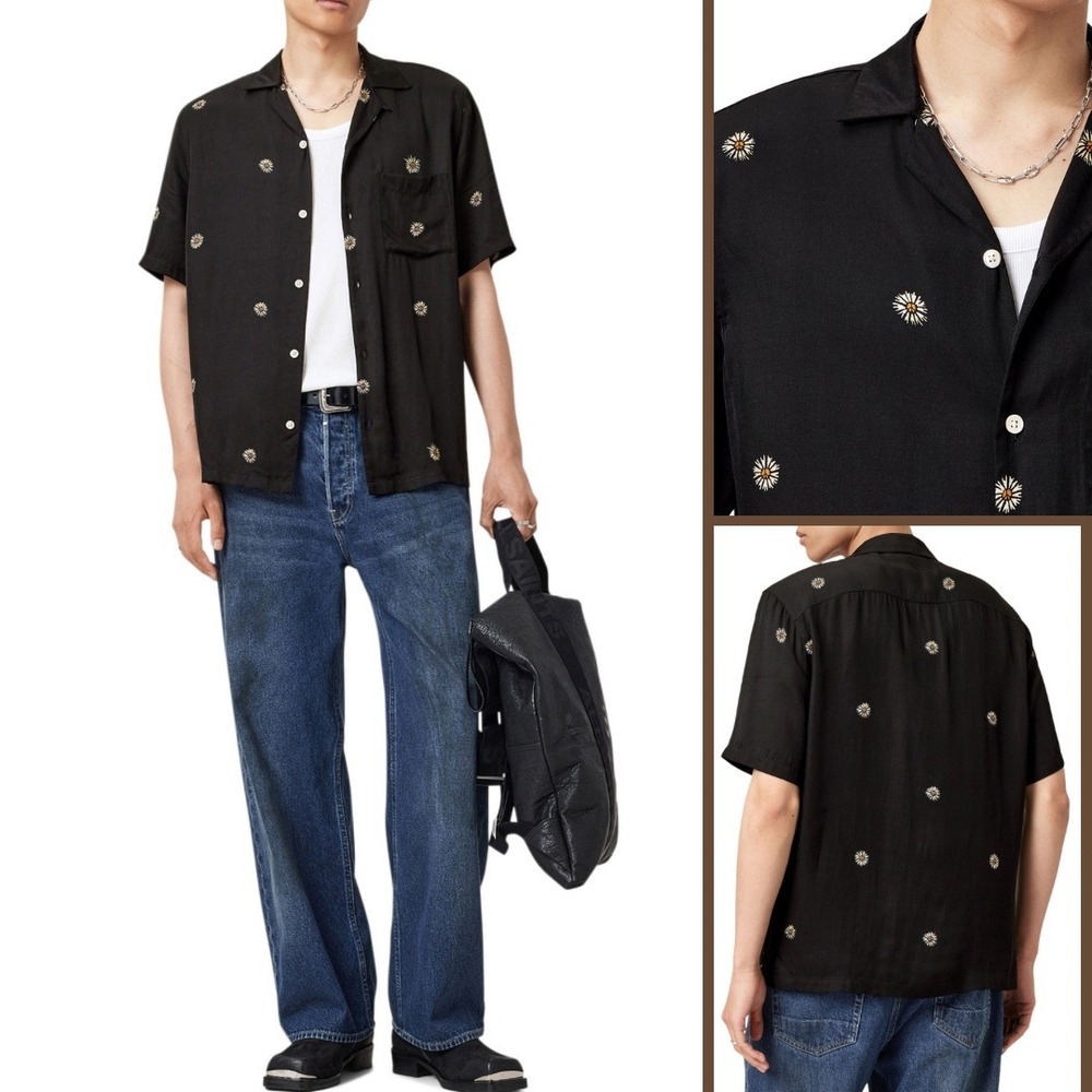 ALLSAINTS Fleur Peace Shirt Mens XXL Black Floral Camp Short Sleeve Relaxed Boxy